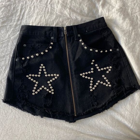 Carmar Dresses & Skirts - Carmar Black Denim Distressed Miniskirt W/ Silver Star Embellishments